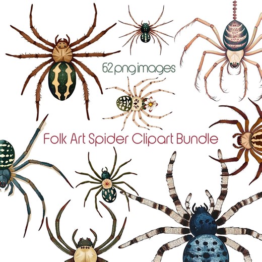 Folk Art Spiders Clipart Bundle | 60 Spider PNG | Colorful Insect Illustrations | Flat Spider Clipart | Commercial Use - Etsy