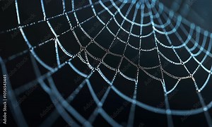 A close-up of a spider web glistening with dew against a dark background, showcasing intricate patterns.