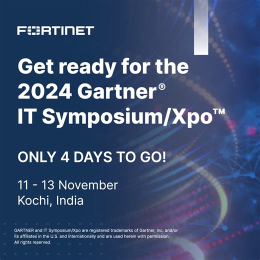 ⏳ Just 4 Days to Go! We’re gearing up for the 2024 Gartner® IT Symposium/Xpo™, ready to deliver an unmatched cybersecurity experience! Join us at Booth #405 to dive into live demos, gain expert insights, and explore how Fortinet’s innovations can elevate your security strategy. Don’t miss our session on how collaboration can secure India’s digital future. 📅 Plus, there’s still time to book your meeting with our senior leadership team to discuss next-level cybersecurity solutions tailored to you