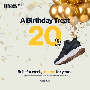 We're celebrating our birthday month with 20% on non-slip shoes! Use promo code GLCV20 at checkout. | Shoes For Crews