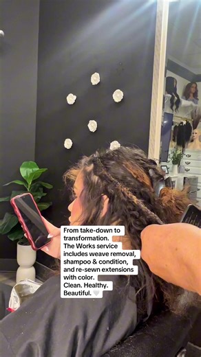 From take-down to transformation. The Works service includes weave removal, shampoo & condition, and re-sewn extensions with color. Clean. Healthy. Beautiful. #TheWorks #FullServiceHair #HairBySandySafari #WeaveMaintenance #SalonLife