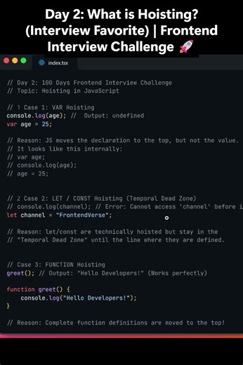 Day 2: What is Hoisting? Frontend Interview Challenge #shorts #coding #javascript #react #viral