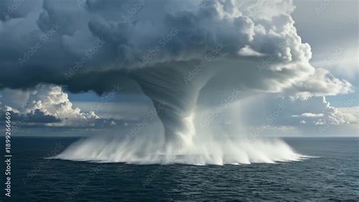 A towering waterspout merges with dense storm clouds over the ocean, spiraling downwards