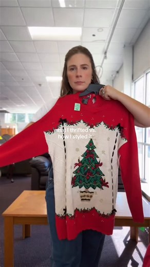 Shannon on Instagram: "It’s day 7 of the 12 Days of Thrifted Christmas Sweaters and there’s not a snowman in sight! Today we’re styling this perfect vintage Christmas tree sweater with a mini skirt and boots for a fancier holiday look. I may be just working from home in it but you could be wearing it to a holiday party 🙈 sweater: @sathriftstores_south skirt: @abercrombie boots: @vincecamuto tights: @sheertex bag: thrifted #thriftedfashion #thriftedvstyled #christmassweater #holidayoutfitideas #