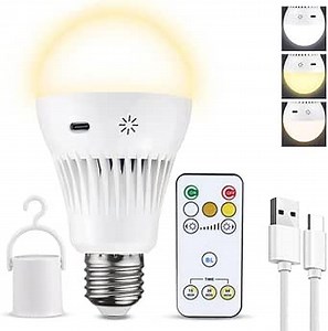 Rechargeable Light Bulbs with Remote, 3 Colors Shift + Dimmable Battery Powered Light Bulbs, USB Rechargeable, 2600mAh Emergency LED