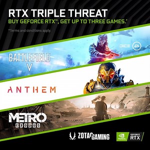 Compra una GeForce ZOTAC RTX 2080Ti o 2080  Recibe METRO Exodus, BFV y Anthem! Compra una GeForce ZOTA RTX 2070 o 2060  Escoge un juego entre METRO Exodus, BFV o Anthem Participan tarjetas gráficas #ZOTAC, desktops #ZOTAC Aplica para las compras durante el Periodo 5 de Marzo al 4 de Abril del 2019 https://www.zotac.com/page/rtx-triple-threat-bundle #LiveToGame #NVIDIAGeForce #BattlefieldV #Anthem #MetroExodus Tiendas en Chile SP Digital PC Factory | ZOTAC