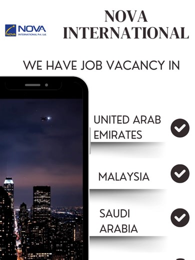 NEW DEMAND for Middle East Job Opportunities Available! 📲 WhatsApp Now: 977-9709166714 , 977-9709166724 Skilled and semi-skilled workers urgently required for the Middle East. Secure your future with a licensed & trusted manpower company. ✅ Legal Process ✅ Transparent Recruitment ✅ Career-focused Overseas Jobs 📲 Contact Nova International Pvt. Ltd. Today NOVA INTERNATIONAL PVT. LTD Surya Bikram Gyawali Marg Battisputali, Gaushala-9, Kathmandu ☏ 977-1- 4473271 977-1-4473602 #MiddleEastJobs #For
