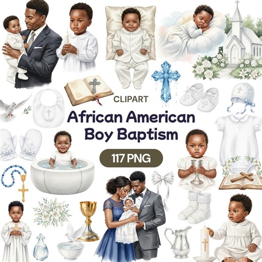 African American Boy Baptism Clipart, 117 Christening PNG, Black Baby Dedication, Watercolor Church, Blue Cross, Religious Nursery Art - Etsy
