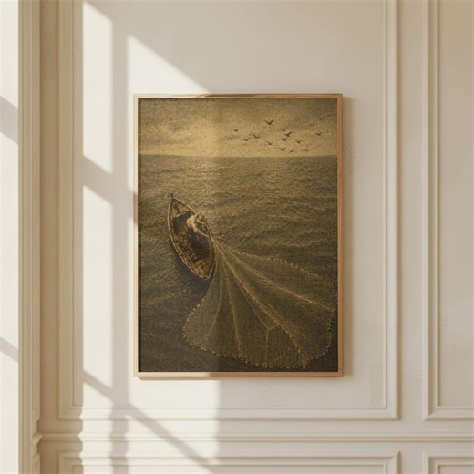 Vintage Fisherman Casting Net Art, Antique Boat Fishing Scene, Maritime Coastal Decor - Etsy