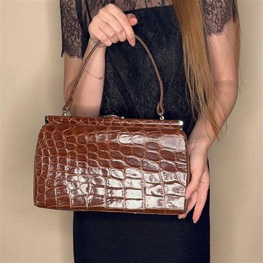 60s Brown Crocodile Embossed Leather Handbag - Etsy