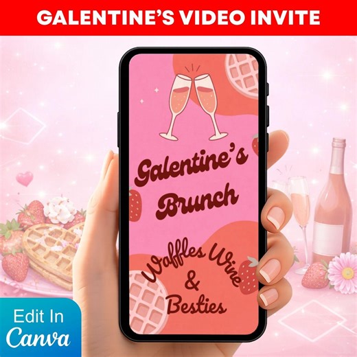 Galentines Brunch Video Invitation, Waffles and Wine Animated Canva Template, Pink Strawberry Girls Day Invite - Etsy