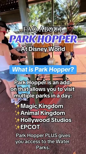 ✨A Disney park hopper is a special ticket that allows guests to visit multiple Disney theme parks in one day. With a park hopper ticket, guests can start their day at Magic Kingdom riding Space Mountain and meeting Mickey Mouse, then head over to Epcot in the afternoon to explore the World Showcase and try unique cuisine from 11 different countries. Later, they could take a bus to Disney's Hollywood Studios to drop into the Twilight Zone Tower of Terror or catch a live show performance of Beauty