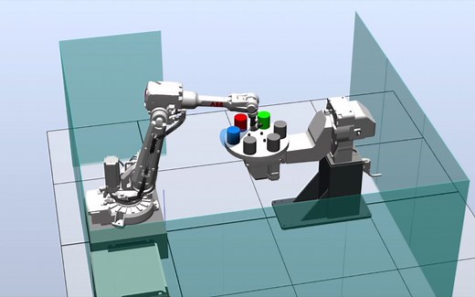 ABB Robotstudio 机器人对变位机上的六种物料进行六种颜色喷涂仿真工作站！