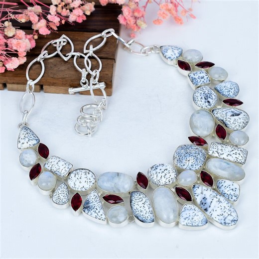 Dendrite Opal With Garnet Necklace : Silver Statement Jewelry - Etsy