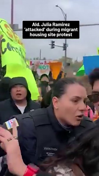 Chicago Ald. Julia Ramirez was 'physically attacked' and had to be rushed from the scene of a protest against a proposed migrant housing facility in the Brighton Park neighborhood Thursday. | NBC Chicago