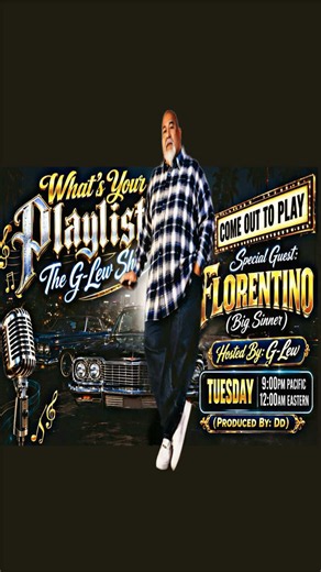 🎶 WHAT’S YOUR PLAYLIST? 🎶 🚨 LIVE this Tuesday on The G-Lew Show – For The Culture! We’re welcoming back Special Guest Florentino (Big Sinner) with his “Come Out And Play” Classic Lowrider Oldies Playlist! 🔥 Get ready for another unforgettable night of smooth oldies, soulful classics, and cruising vibes that’ll have you singing along from start to finish. 💬 Bring your positive energy, jump into the live chat, and chop it up with Florentino and the G-Lew Family. Request your favorite oldies a