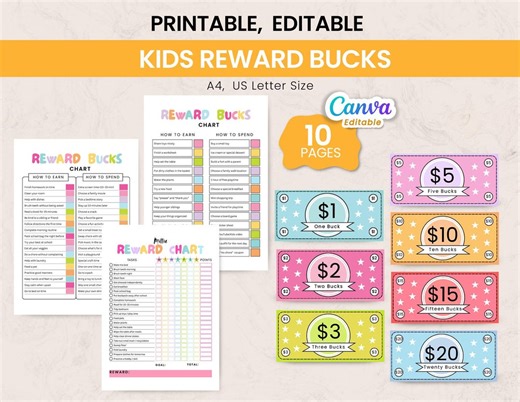 Editable Kids Reward Bucks, Canva Editable, Mom Bucks, Reward System for Kids, Chore Bucks, Good Behavior Bucks, Play Money, Pretend Money - Etsy