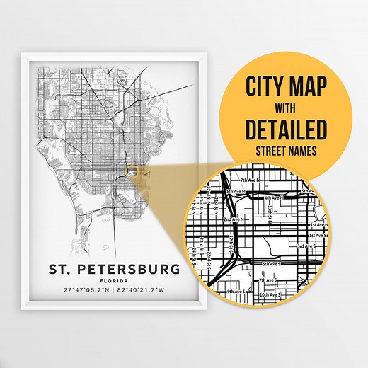 Printable Map of St. Petersburg, Florida, USA With Street Names - Instant Download \ City Map \ Travel Gift \ City Poster \ Road Map Print - Etsy
