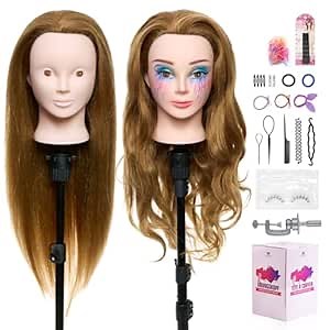28" Mannequin Head with 80% Real Human Hair for Makeup Practice Head | Cosmetology Manikin Doll Head for Hair Styling, Hairdressing Training Head for Braiding withTable Clamp Styling Set
