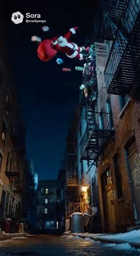 Santa clause falls off roof from chimney.