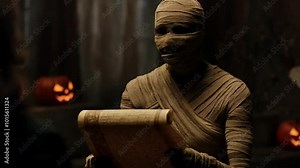 A mysterious Halloween mummy holding an ancient scroll, with ample space for text in the scene. The mummy’s figure stands in a spooky pose, evoking a dark Halloween atmosphere, perfecta invitation