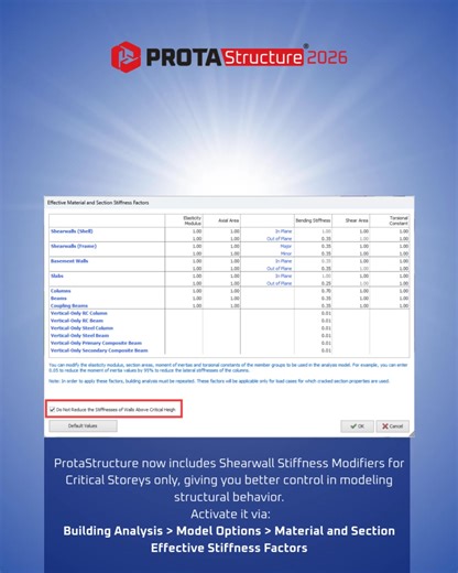 Precision is everything in seismic design. 🏗️ High-rise performance depends on how accurately we simulate real-world behavior, and ProtaStructure 2026 is giving you more control than ever. Introducing Shearwall Stiffness Modifiers Only in Critical Storeys. This new feature allows for rigorous seismic analysis by ensuring your stiffness assumptions match the actual physical demands of the structure at different heights. How to activate: Go to Building Analysis > Model Options > Material and Sect