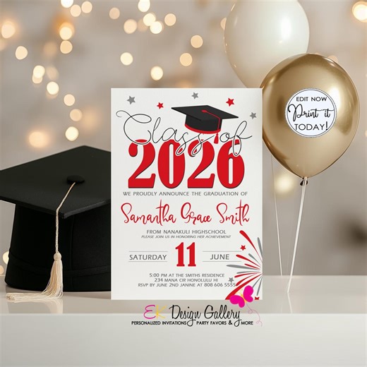 Red Graduation Invitation, Class of 2026 Grad Party Invite, Editable Template (instant Download) - Etsy New Zealand
