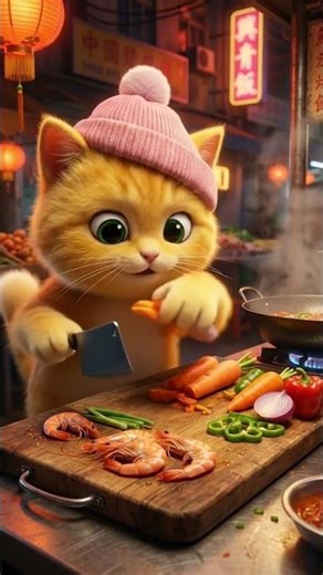 Kitty's Kitchen Adventure: The Cute cat cooking Thai-style stir-fried noodles!