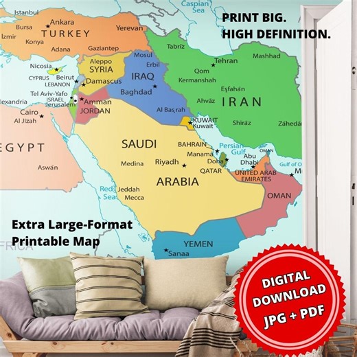 Giant Middle East Political Map – Large-Scale Crisp & Colorful (Printable Digital Download) - Etsy España