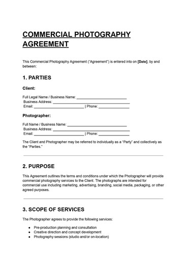 Commercial Photography Agreement Template DOC & PDF, Photographer Contract Download