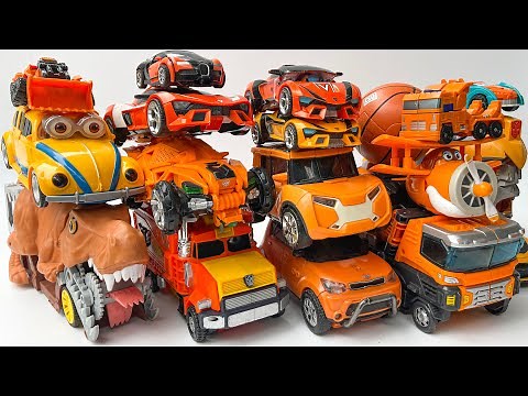 Box full of orange Transformers 7 Autobot Flatbed Truck Tobot, Carbot JCB, Cars vs Speed Bumps Robot