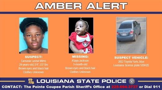3-month-old girl found safe after reported abduction in Pointe Coupee Parish, state police say