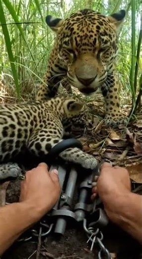 Hands Pulling Leg Cuff in a Dense Jungle Thicket
