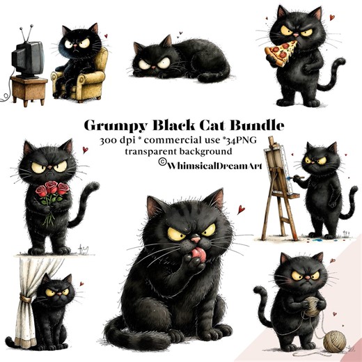 34 Quirky Grumpy Black Cat Clipart Bundle, Funny Cat PNG, Cute Cat Illustrations, Digital Download, Cat Lover Sublimation, Commercial Use - Etsy
