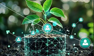 Tree growing on digital plant pot. Eco Technology and Technology Convergence. Green Computing, Green Technology, Green IT Video