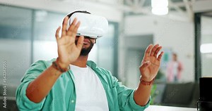 Virtual reality, cyber vr metaverse and black man work on futuristic dashboard, augmented reality or ai software. Digital transformation, headset and creative graphic designer with future simulation