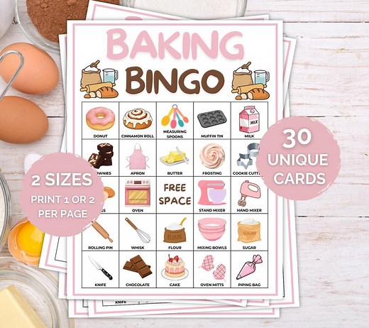 30 Baking Bingo Cards, Baking Bingo Printable, Kitchen Party Game, Baking Themed Birthday Activity, Baker Party Printable, Baking Printable - Etsy