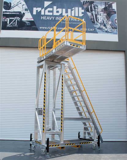 Our Komatsu WA1200 Rotating Platform has the ability to rotate 90-Degrees left or right providing an easy and safe way to service and maintain your machines. Built tough for the demands of the heavy industries. #KomatsuWA1200 #ManufacturingAustralia #AluminiumPlatform #EngineeringCertified #MiningSafety | Ricbuilt Heavy Industries
