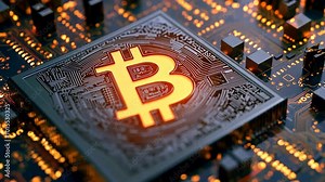 A glowing Bitcoin symbol is shown on a circuit board, representing the digital currency's relationship with technology