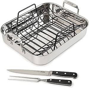 Viking 3-Ply Stainless Steel Roasting Pan with Nonstick Rack and Carving Set, 16 x 13 Inch Kitchen Cookware, Great for Turkey, Dishwasher and Oven Safe, Induction Ready, SIlver