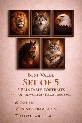 Vintage Animal Oil Painting Portraits Set of 5, Dark Academia Gallery Wall (digital Download) - Etsy