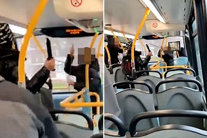 Terrifying moment lads armed with knife & SWORD brawl on London bus