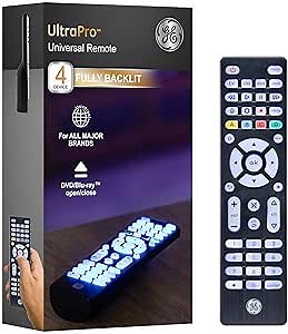 GE Blue Backlit Buttons Universal Remote Control, Samsung TV Remote Control Replacement, Samsung Remote Control for Smart TV, Roku Remote Replacement, Vizio, LG TV, Sony, 4-Device, Brushed Black 48843