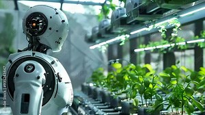 Humanoid robot gardener working in a greenhouse. Indoor agriculture farm. Future food technology concept. High-tech equipment. Futuristic sci-fi. Artificial intelligence