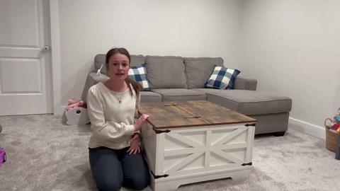 Brown Coffee Table with Storage, Cocktail Table with Hinged Lift Top, Farmhouse Square Wood Center Table with Large Hidden Storage Compartment for Living Room, Square Coffee Table, Metal Edges Decor