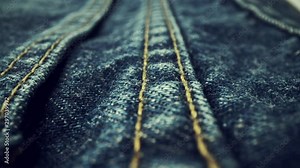 Extreme detailed of blue denim jeans cloth texture in macro dolly shot over the cloth surface. Flow view of clothing material. Textile abstract background. Vintage fashion apparel industry concept.