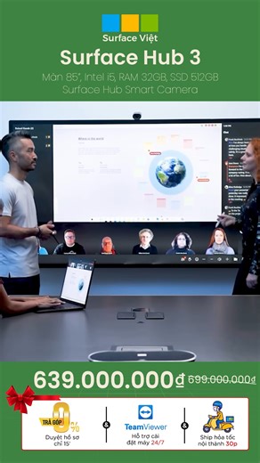 💯 Surface Hub 3 | chỉ từ 639.000K | Bảo hành 1 năm chính hãng ➡️ Link sản phẩm: https://surfaceviet.vn/surface-hub-3 - - - - - - - - - 📌 Điểm mạnh của Surface Hub 3: ◽ Máy có 2 tùy chọn màn hình là 50 inch và 85 inch, kích thước lần lượt là 741 mm x 1097 mm x 76 mm, 28kg | 1130 mm x 1959 mm x 85,6 mm, 84kg ◽ Độ phân giải: 3840 x 2560 pixel (50") | 3840 x 2160 pixel (85") ◽ Màn hình hiển thị (50"): Màn hình PixelSense, tỷ lệ khung hình 3:2, màu 8-bit, viền 15,5mm, chống chói, IPS LCD. Cảm ứng t