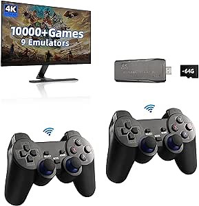 Retro Game Stick, FNKTQL Wireless Retro Game Console Built in 10000+ Games, 9 Emulators, Plug and Play Video Game Stick 4K HDMI Output with 2.4GHz Wireless Controllers (64G)