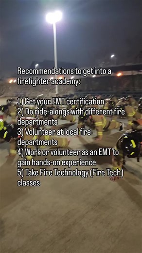 Recommendations to get into a firefighter academy: Get your EMT certification Do ride-alongs with different fire departments Volunteer at local fire departments Work or volunteer as an EMT to gain hands-on experience Take Fire Technology (Fire Tech) classes 🔥➡️ Comment GUIDE to get our FREE Fire Academy Fitness Prep Guide