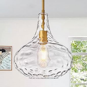 CATINER 11" Clear Glass Pendant Light – Large Hand-Blown Glass Shade with Hammered Texture and Gold Finish, Adjustable Ceiling Hanging Light for Kitchen Island, Dining Room, Hallway, Living Room